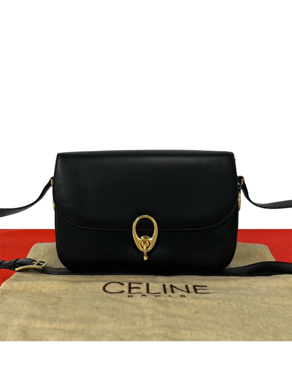 Celine Vintage Calf Leather Shoulder Bag Pochette Cross Black